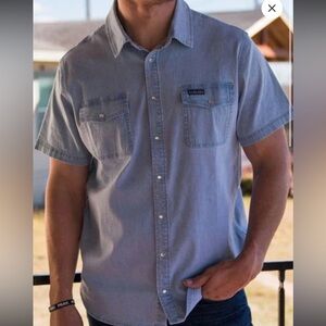 Burlebo Mens Denim Pearl Snap short sleeve medium light blue